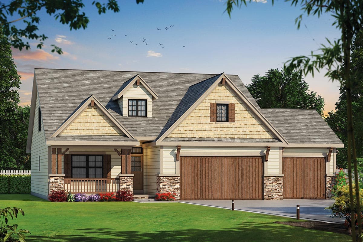 House plan exterior: Craftsman style, two stories, front porch, gables with cedar shakes, and a three-car side-entry garage.