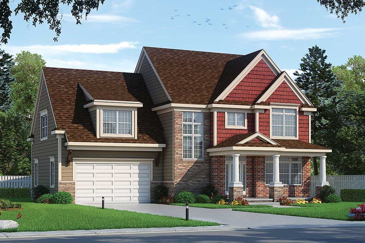 House plan exterior. Two-story home with a gabled roof, stone and red siding, covered porch with columns, and a front-facing garage.
