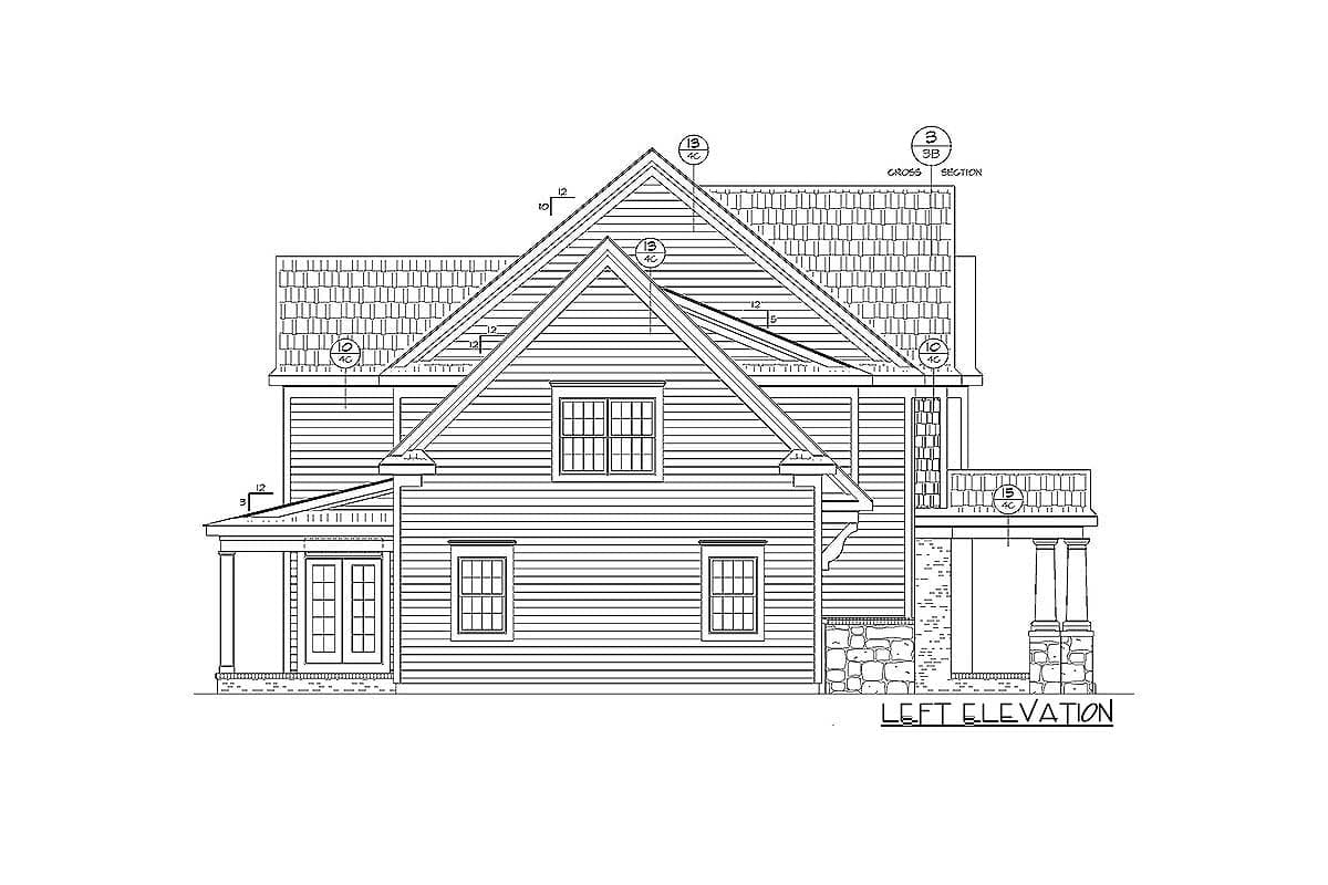 Left elevation house plan showing siding, stone base, multiple gables, dormer, and covered entry with double doors.