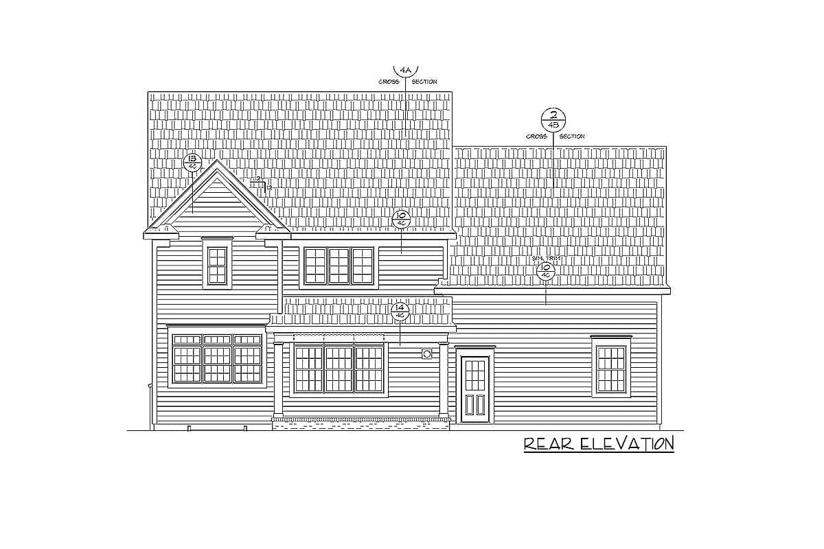 Rear elevation drawing of a two-story house plan with gabled dormers, multiple windows, and a shingled roof.