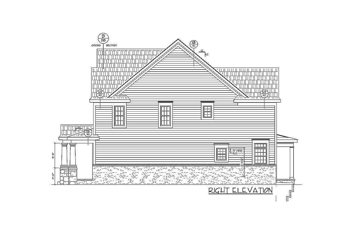 Right elevation architectural drawing of a house plan showing a gabled roof, clapboard siding, and a covered porch with columns.