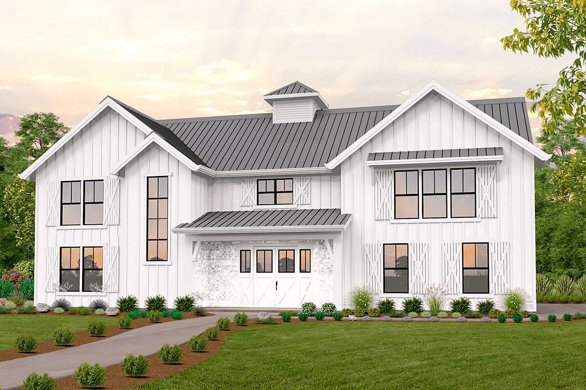 House plan exterior. Two-story Modern Farmhouse with gables, a metal roof, and shutters. Features include a cupola and a covered porch.