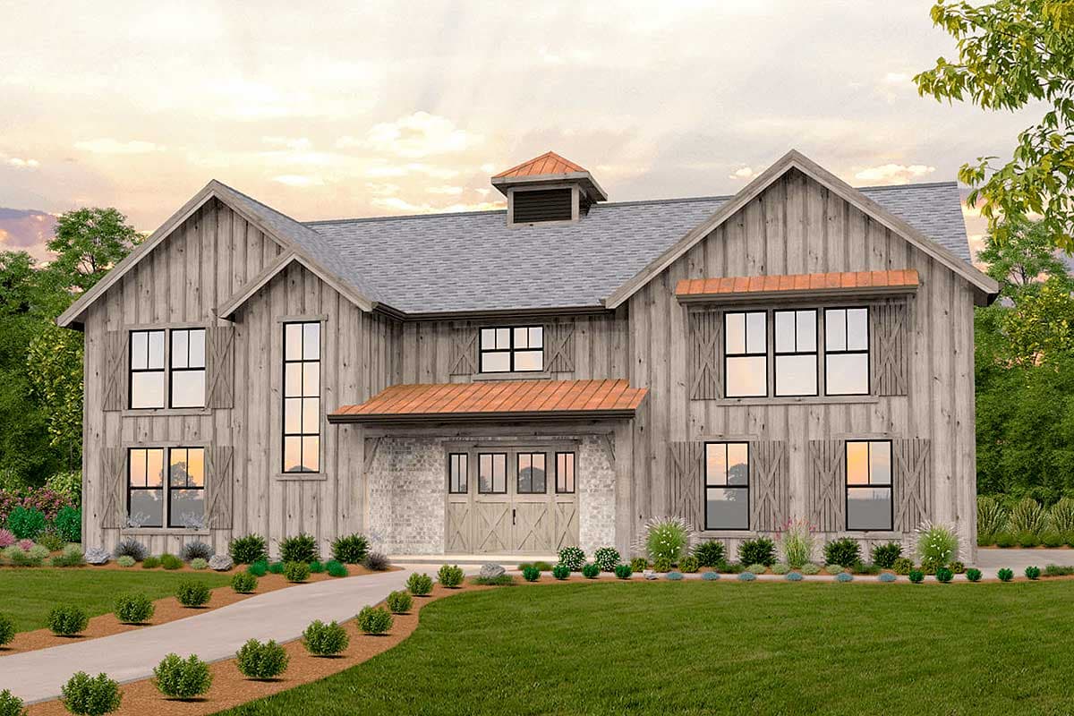 Modern Farmhouse house plan exterior with board and batten siding, gables, stone accents, and a cupola.