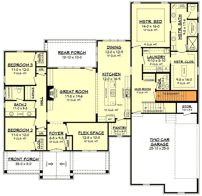 Plan 51785HZ:  3-Bed Acadian-Influenced House Plan with Bonus Room - Floor Plan - Basement Option - Main Floor Stairs - Acadian, French Country, Louisiana-Style, Southern