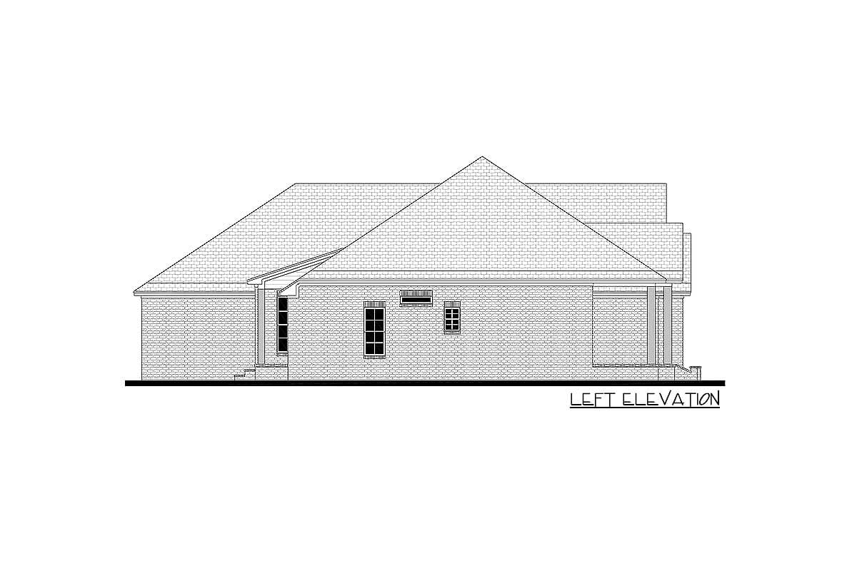 Left elevation of a house plan showing a brick exterior, gabled roof, and covered porch entry.