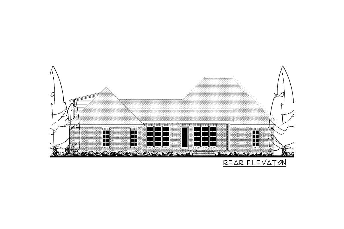 Rear elevation drawing of a one-story house plan with brick exterior, multiple gables, and a hip roof.