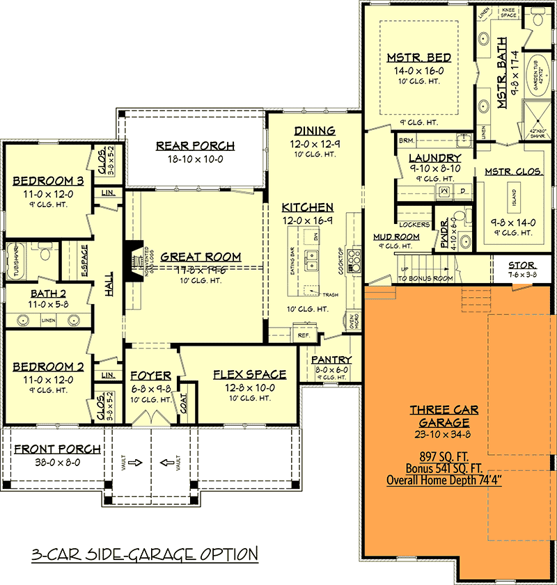 Plan 51785HZ:  3-Bed Acadian-Influenced House Plan with Bonus Room - Floor Plan - 3-Car Side-Garage Option - Acadian, French Country, Louisiana-Style, Southern