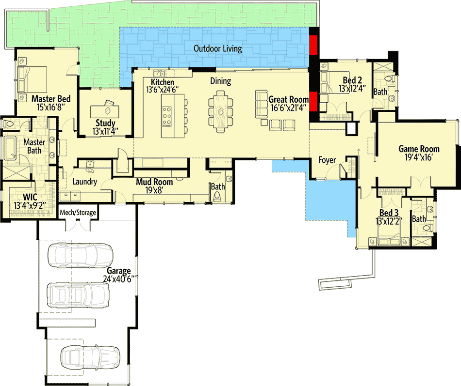 Plan 54233HU: 3-Bedroom Modern House Plan with Game Room and Outdoor Living Space - 3665 Sq Ft - Floor Plan - Main Level - Contemporary, Mid Century Modern, Modern, Mountain