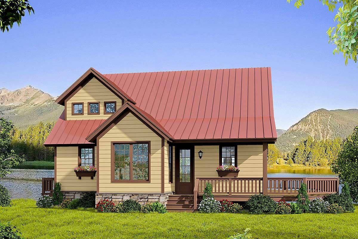 House plan exterior with Craftsman style, one story, gabled roof, front porch, and dormers.