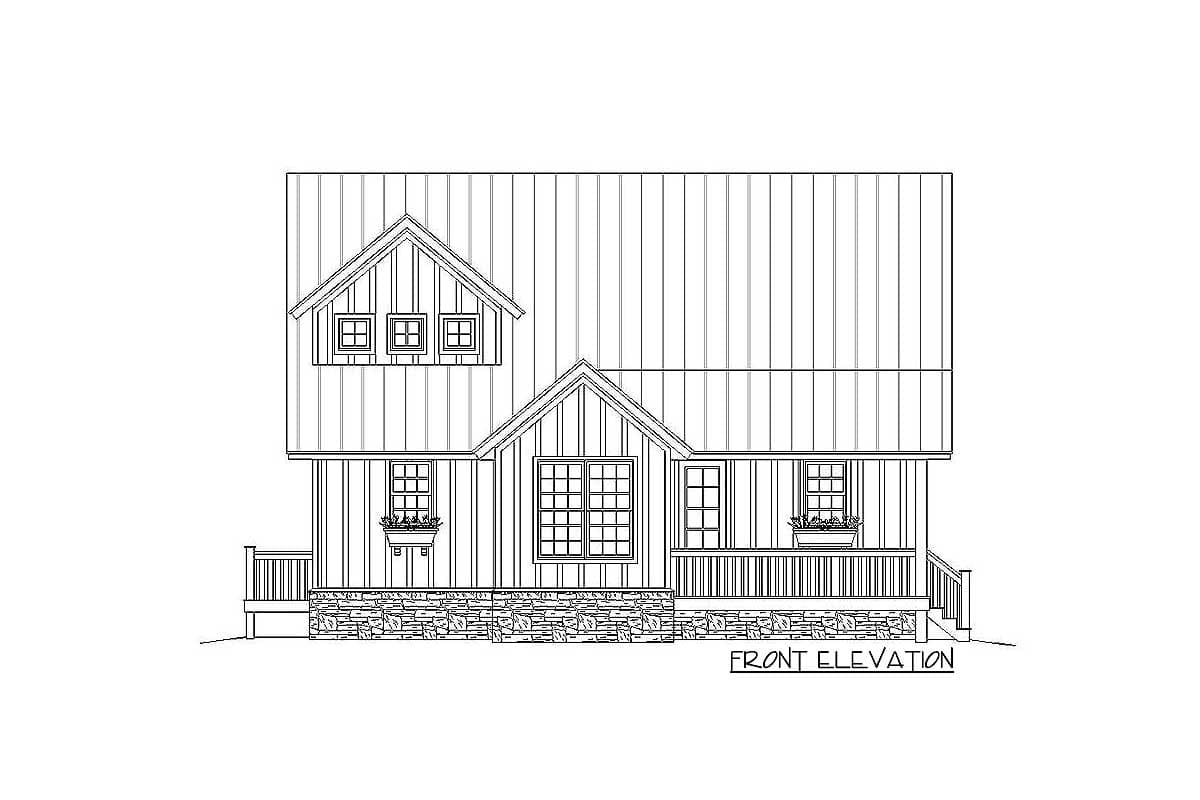 Front elevation drawing of a two-story house plan with gabled dormers, a wraparound porch, and stone foundation.