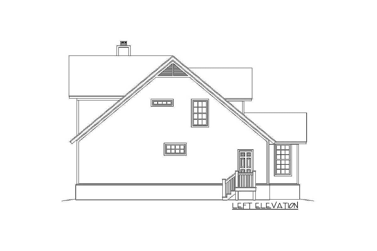 Left elevation house plan with gabled roof, dormer, chimney, porch, and multiple windows.