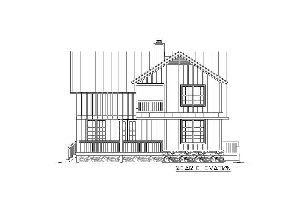 Rear elevation drawing of a two-story house with a gabled roof, wrap-around porch, and stone foundation.
