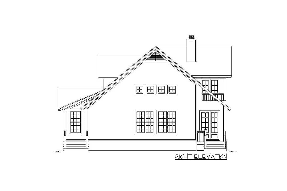 Right elevation drawing of a house plan featuring a prominent gable roof, multiple windows, a second-story balcony, and a covered porch.