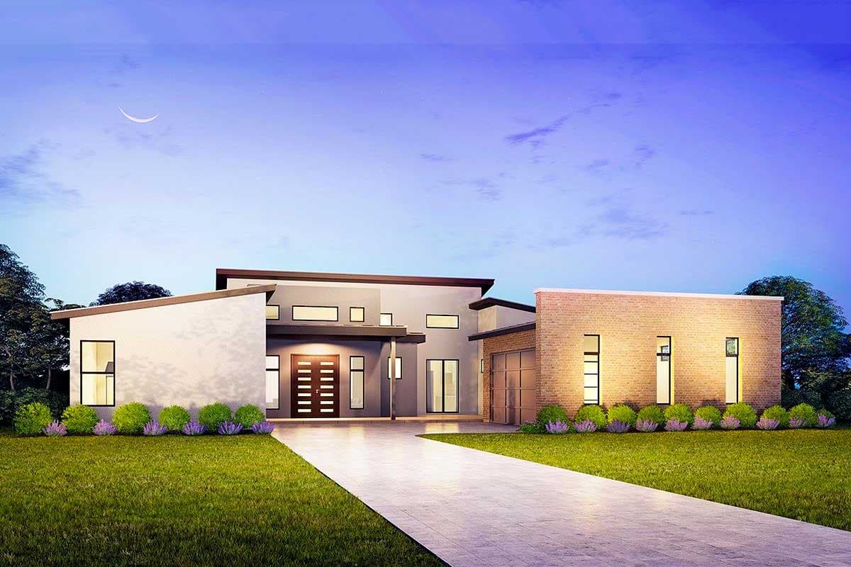 Modern house plan exterior with asymmetrical rooflines, brick garage, and double-door entry.