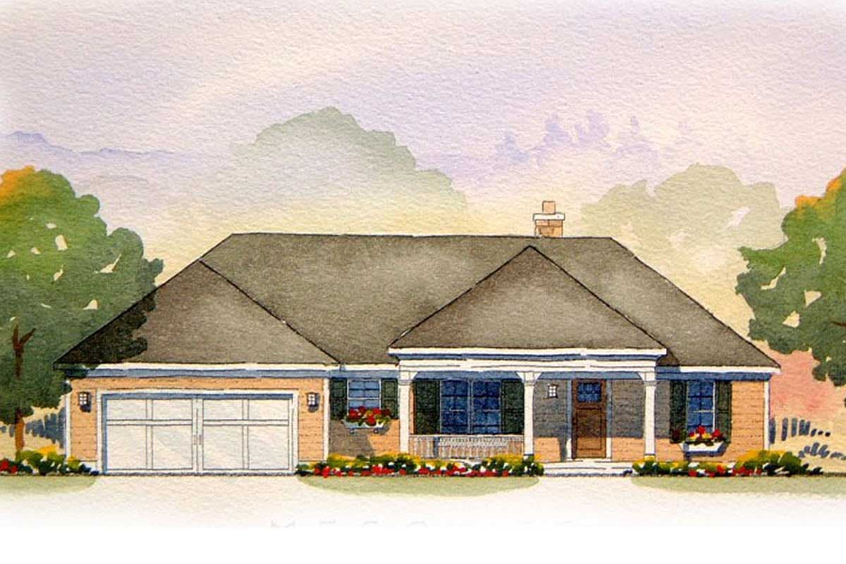 House plan exterior of a single-story home with a two-car garage, covered front porch with columns, and a prominent hip roofline.