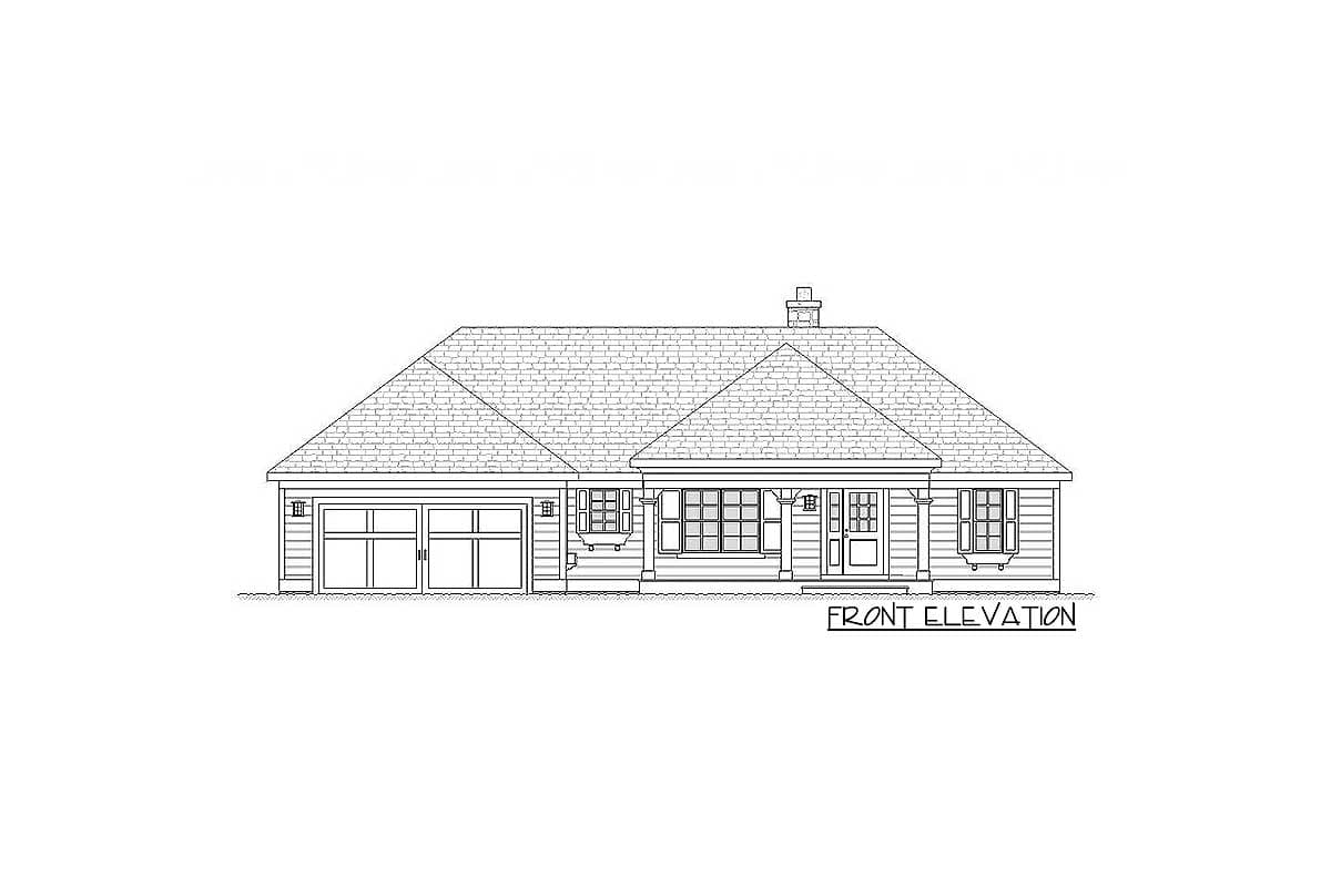 Front elevation drawing of a one-story house with a two-car garage, covered front porch with columns, and prominent rooflines.