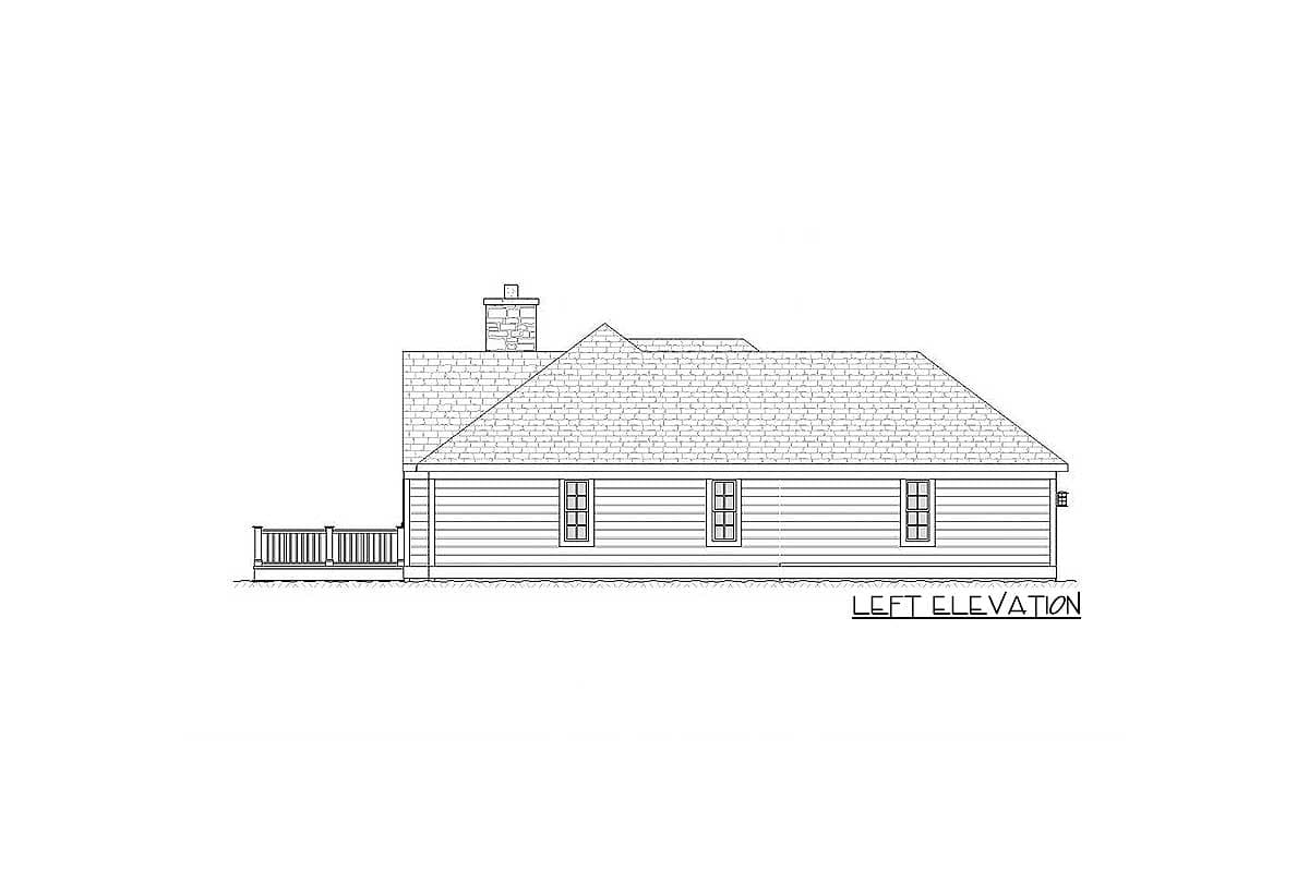 Left elevation house plan with a gabled roof, chimney, deck, and double-hung windows.