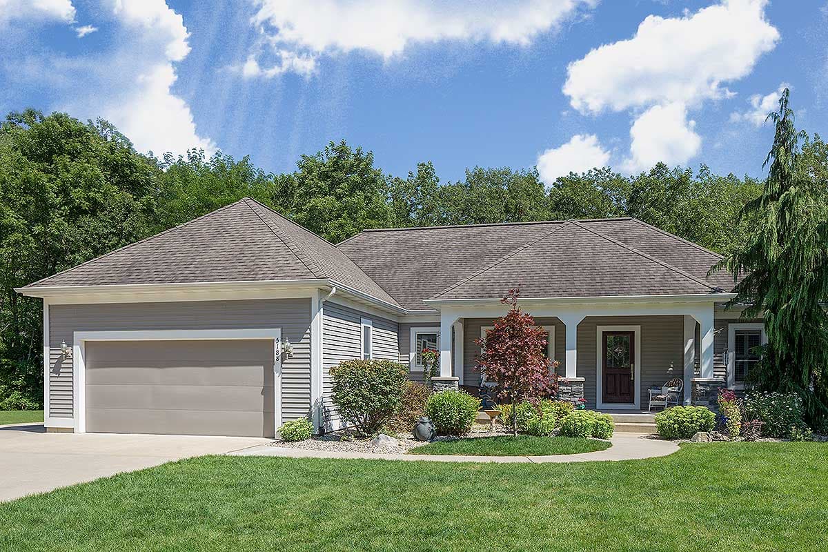 House plan exterior. Ranch style with a low-pitched roof, covered porch with columns, and attached garage. Includes front door with sidelights.