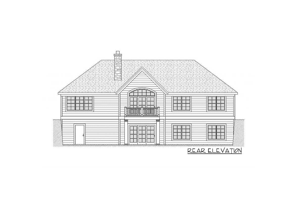 Rear elevation drawing of a two-story house plan with a central gabled dormer, balcony, and chimney.