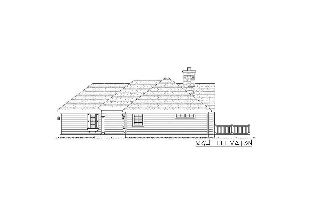 Right elevation drawing of a one-story house plan with a hip roof, chimney, and deck.