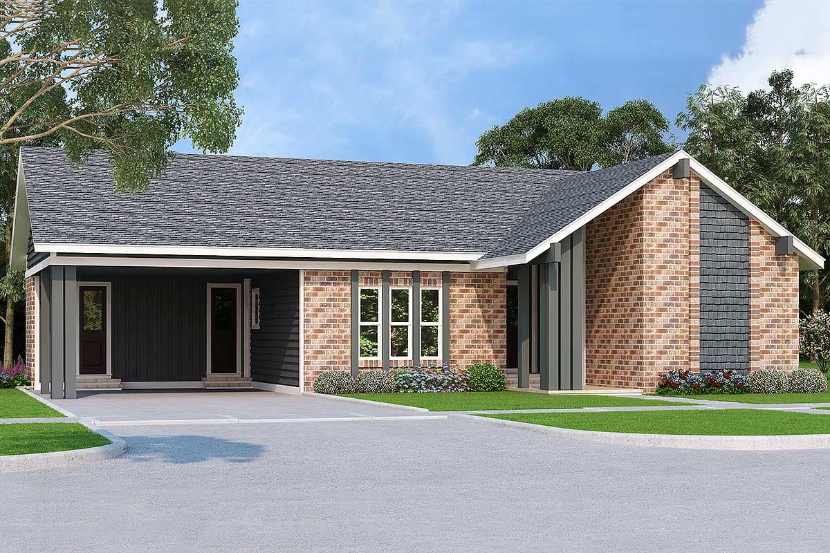 House plan exterior. Single-story with a gable roof, brick and board-and-batten siding, and an attached carport.