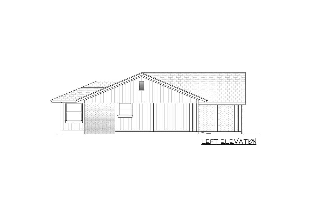 House plan left elevation drawing showing a single-story home with brick and siding, gable vent, and covered porch.
