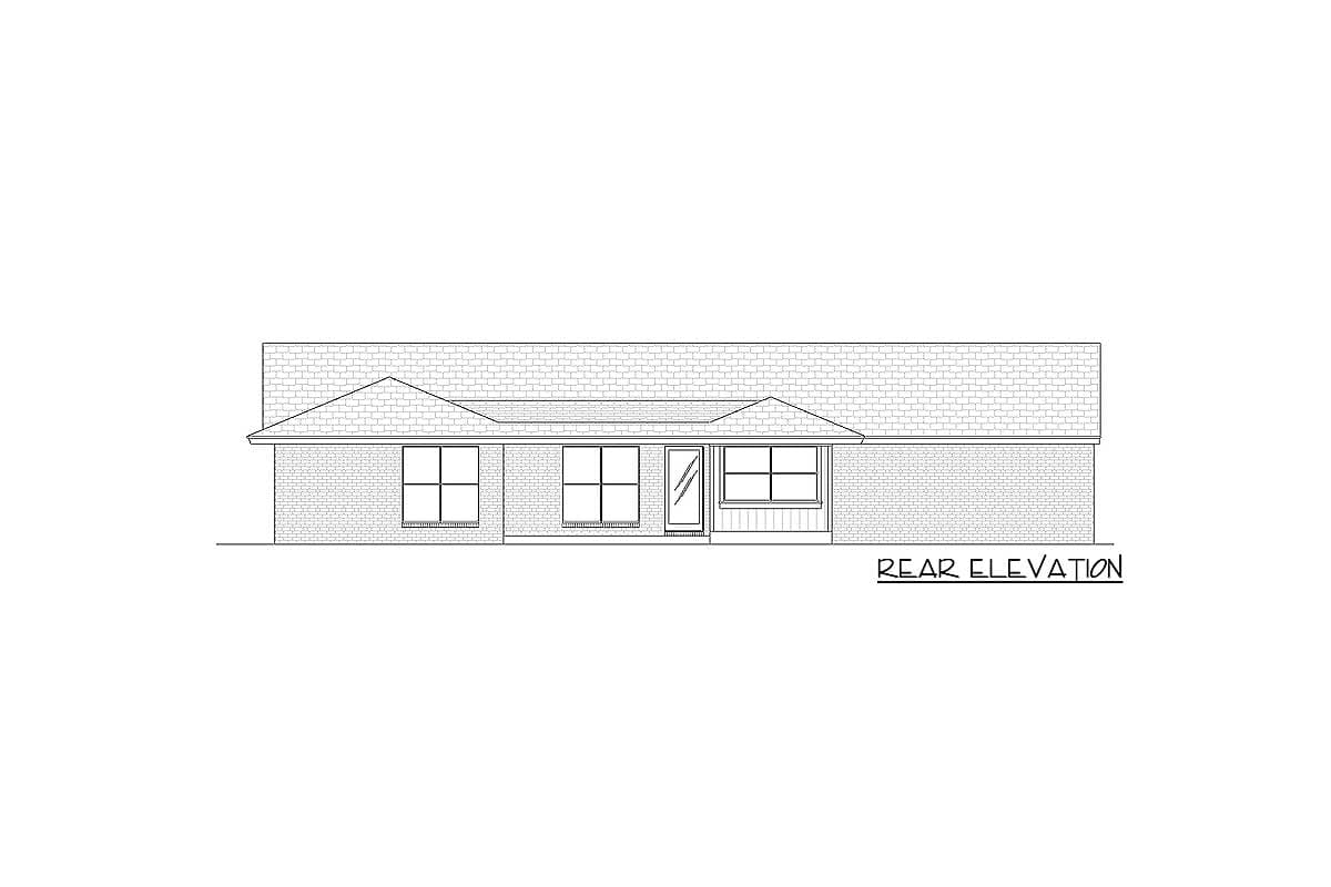Rear elevation drawing of a one-story house with brick exterior, multiple gables, and a centered door.