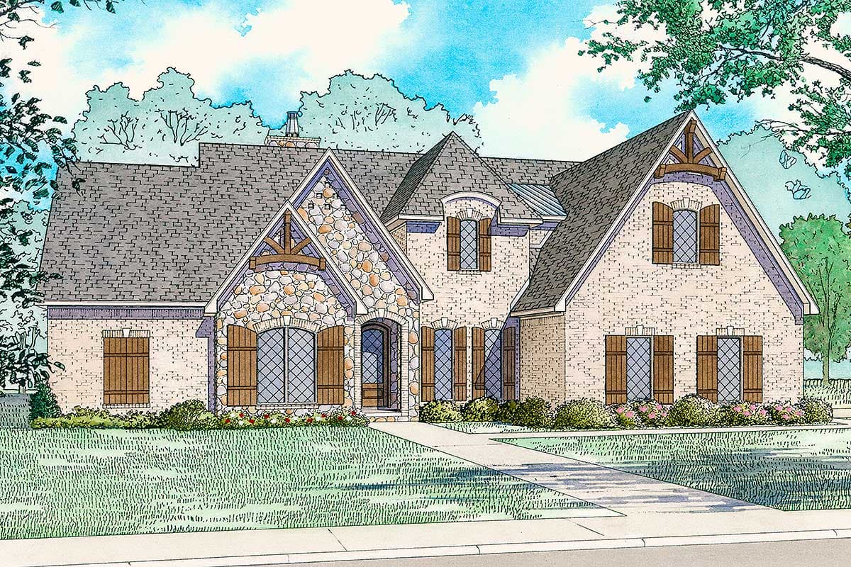 House plan exterior with stone and brick facade, multiple gables, and decorative wood trim under gables. Includes multiple shuttered windows.