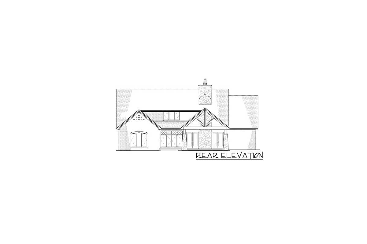 Rear elevation of a house plan featuring a gabled roof, stone accents, dormers, and a prominent chimney.