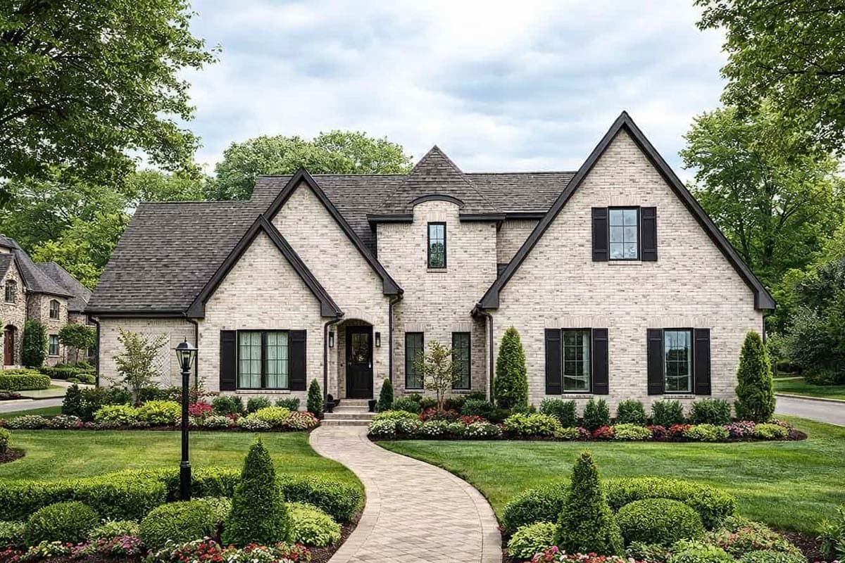 House plan exterior: Two-story brick home with gables, arched entryway, and decorative dormer.