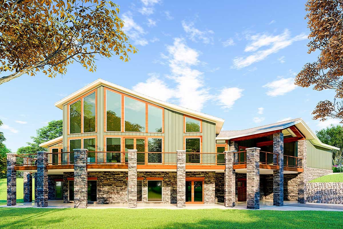 House plan exterior with a modern style, multiple gables, stone and vertical siding, and a wrap-around deck.