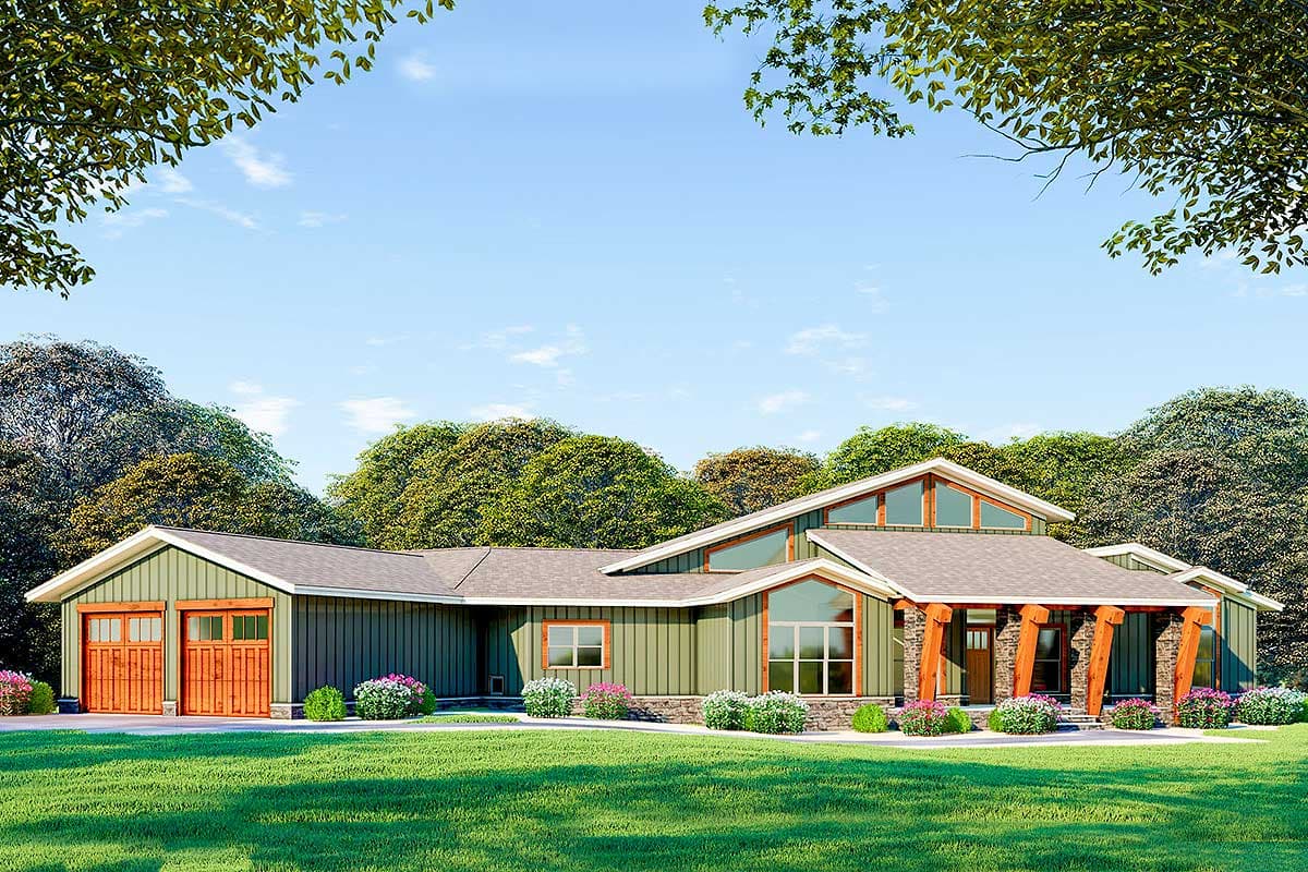 House plan exterior. One-story contemporary design with a gabled roof, timber porch supports, and a two-car garage.