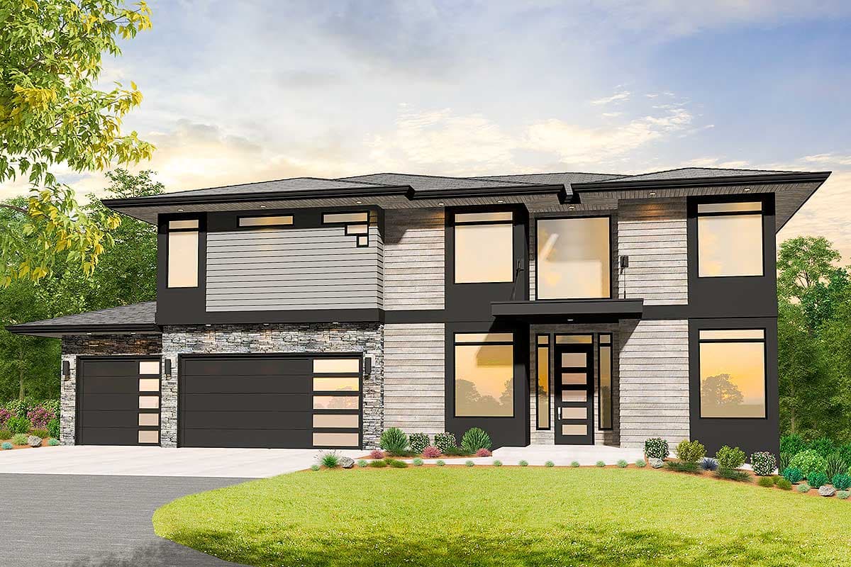 House plan exterior. Modern style, two-story home with flat roof, horizontal siding, large windows, and an attached garage.