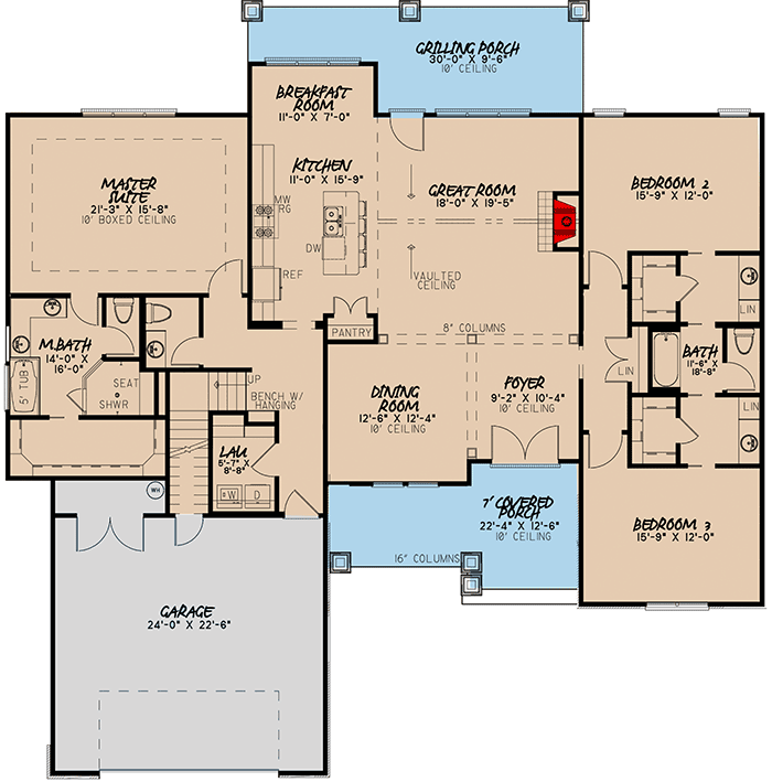 Plan 70599MK: 3-Bed House Plan with Timber Accents and Board and Batten Siding - 2495 Sq Ft - Floor Plan - Main Level - European, Traditional