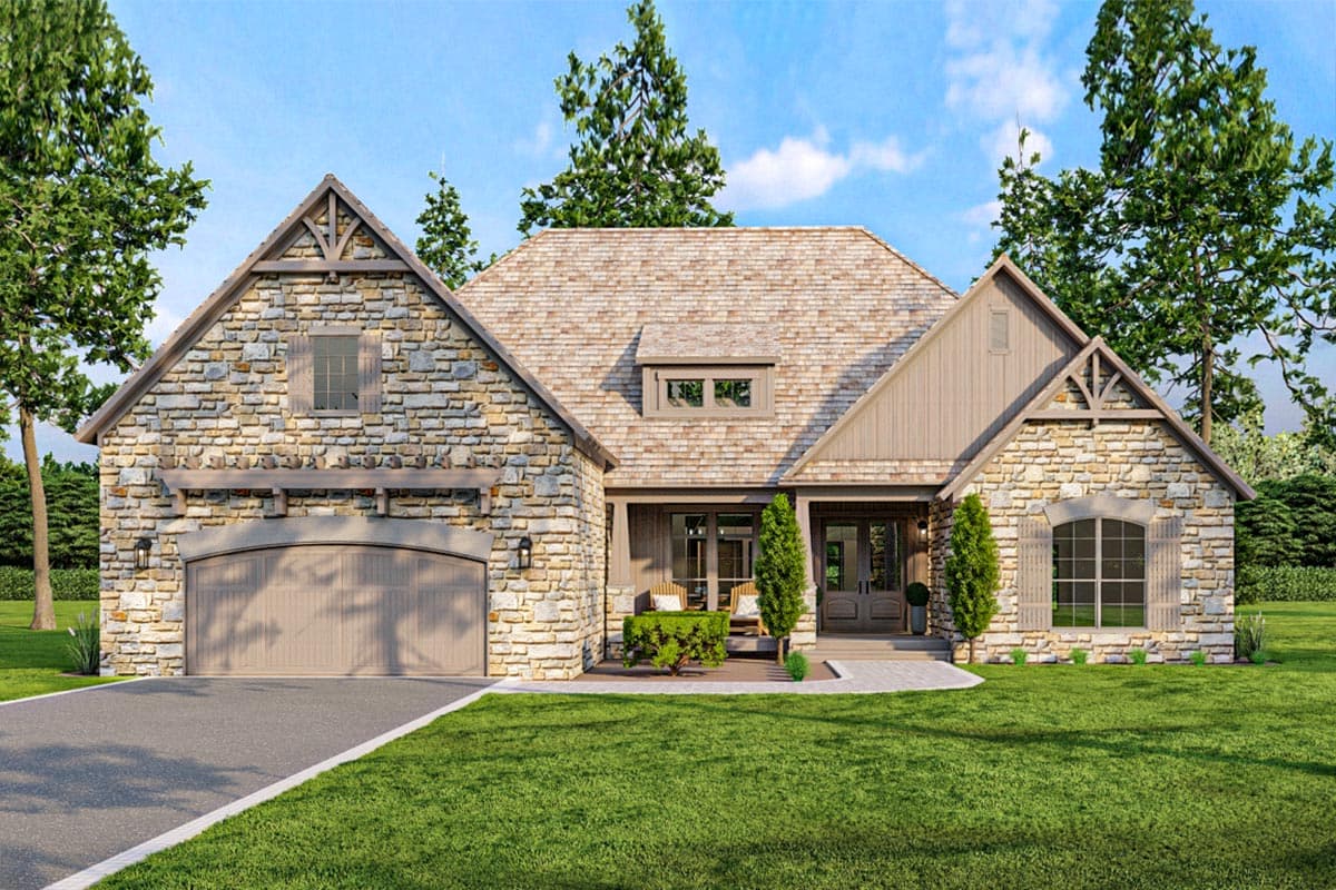 House plan exterior with stone and wood siding, gabled roof, and arched garage. Features include a front porch and dormer windows.