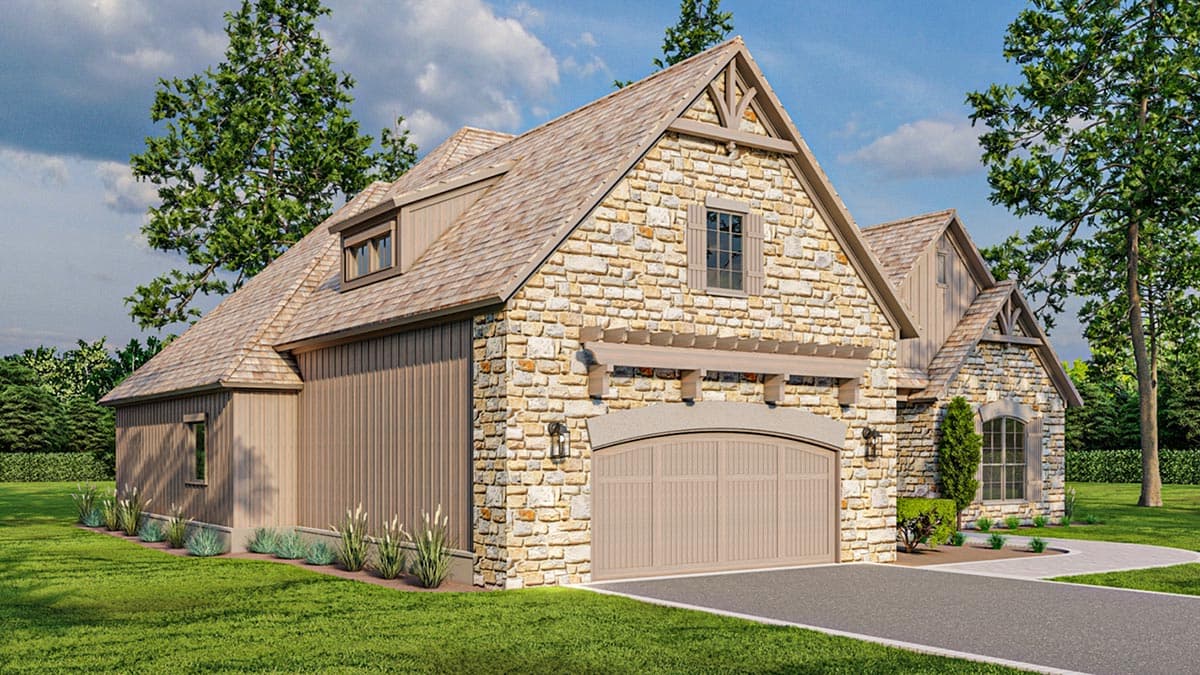 House plan exterior: stone and vertical siding, wood-shingled roof, dormer, garage with arched door and pergola.
