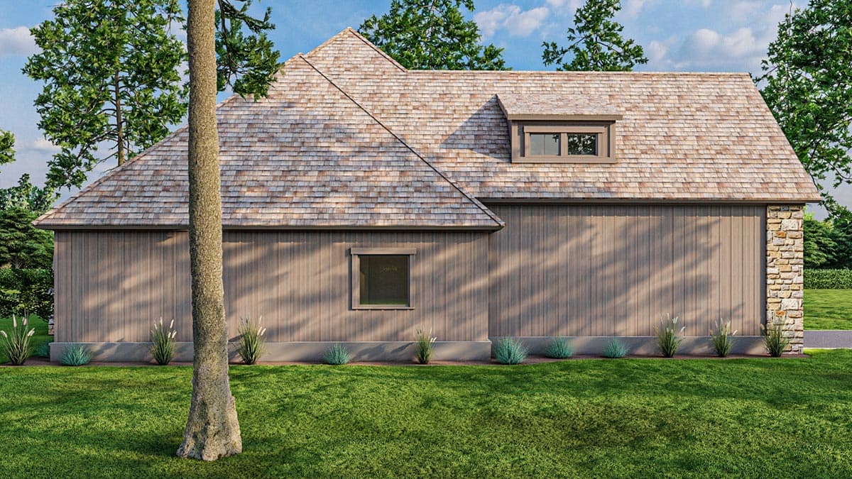 House plan exterior showing a steep, wood-shingled roofline with a dormer and board-and-batten siding with stone accents.