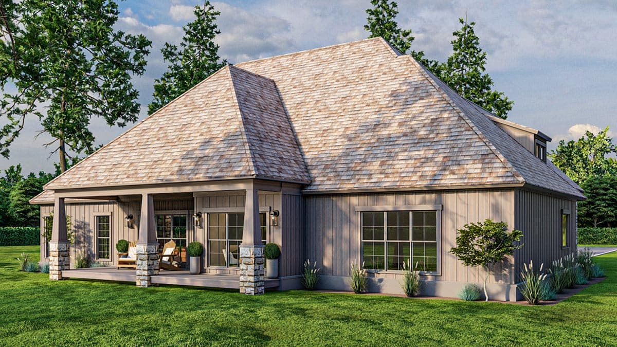 House plan exterior: Single-story home with a large gable roof, covered porch with stone columns, and board-and-batten siding.
