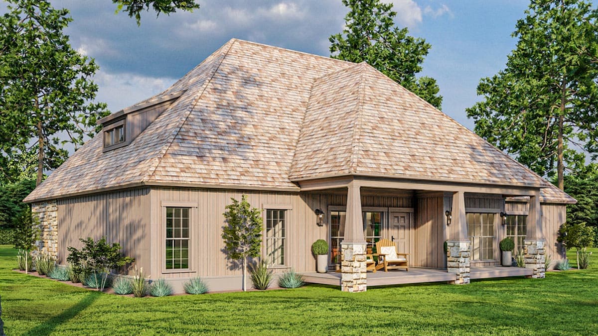 House plan exterior: Modern Farmhouse style, 1.5 stories, large hip roof, covered front porch with stone columns, dormer window.