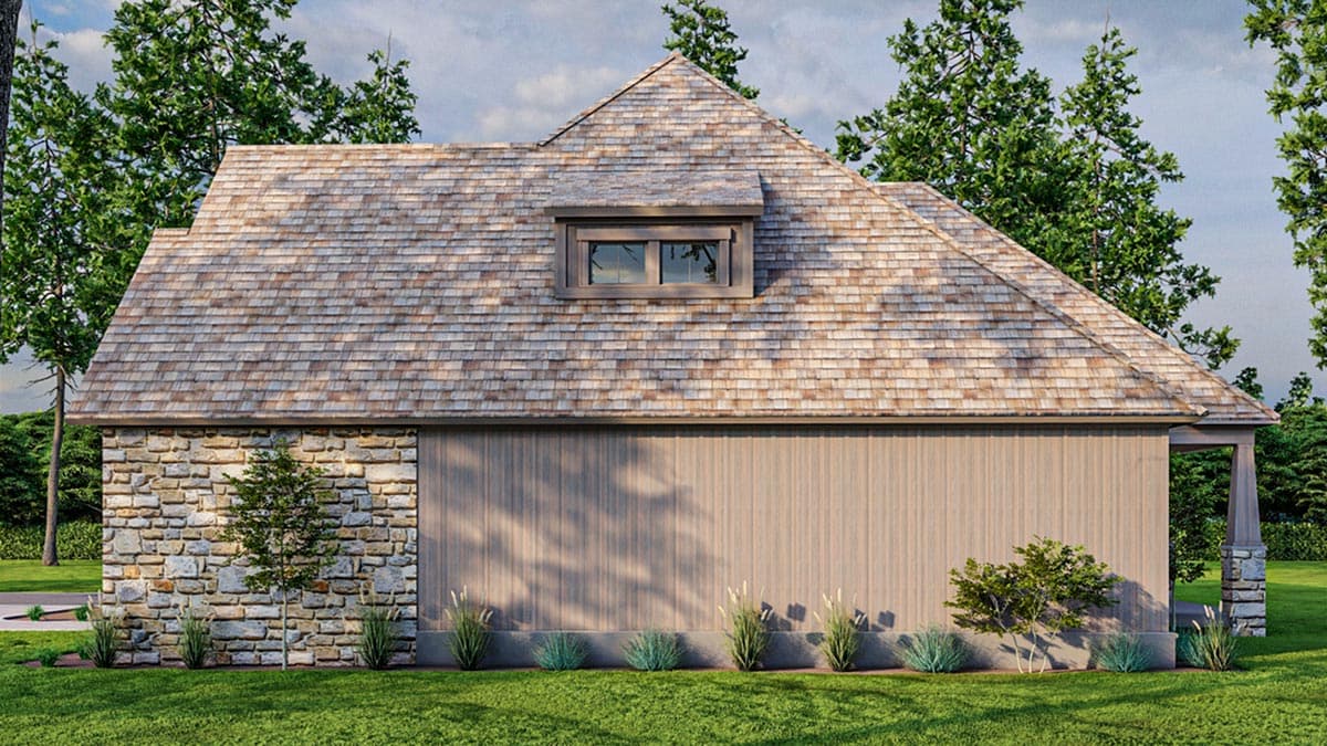 House plan exterior with wood shake roof, stone and wood siding, and a dormer window.