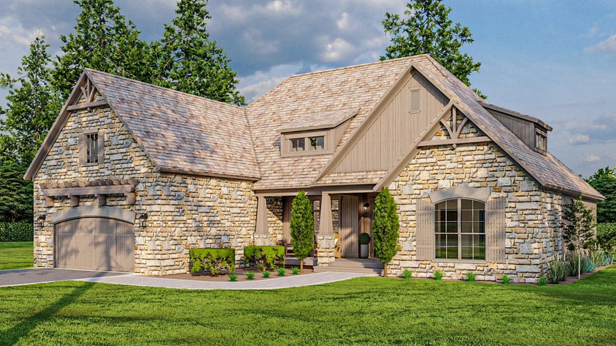 House plan exterior of a stone-clad, multi-story home with a prominent gable, dormer, and side-entry garage.