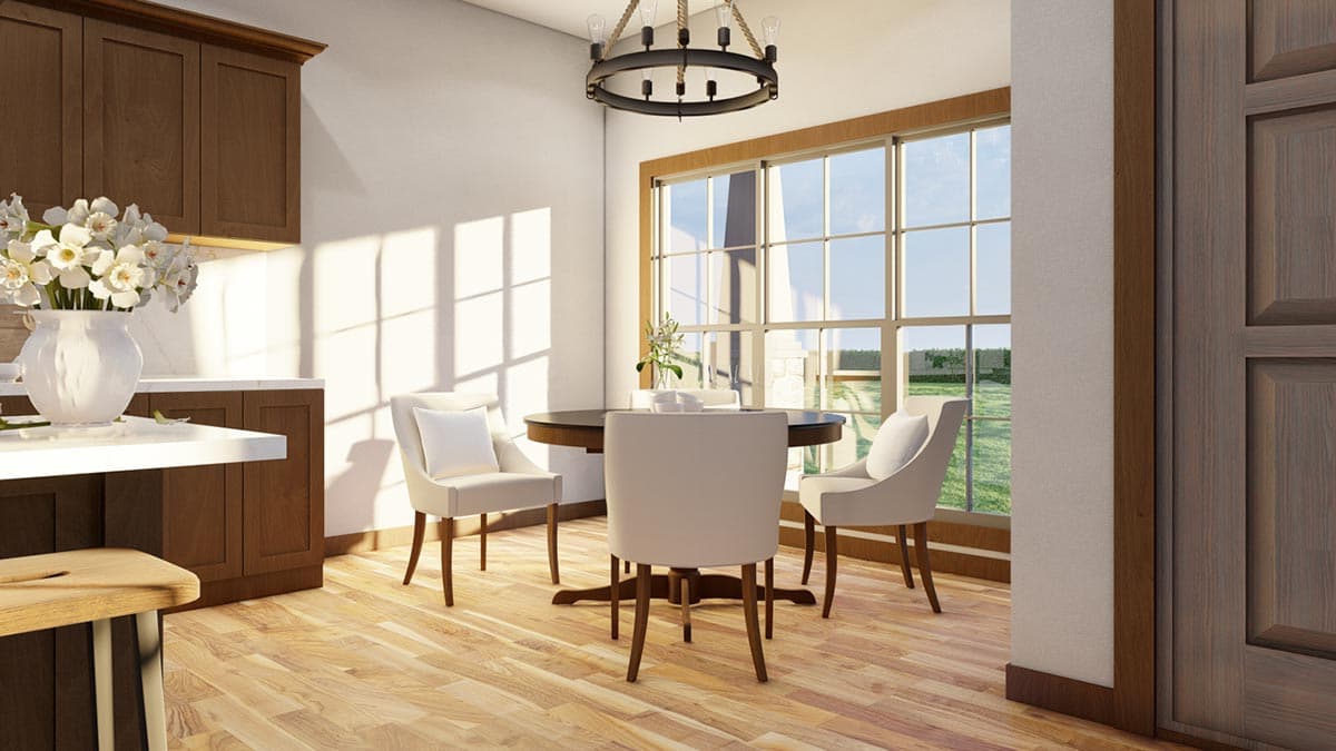 Interior rendering of a dining area with a round table, chairs, dark wood cabinets, and large windows.