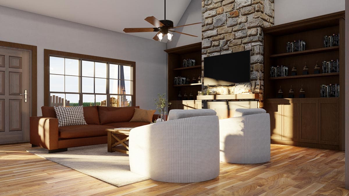 Living room rendering with stone fireplace, built-in bookshelves, large windows, and vaulted ceiling.