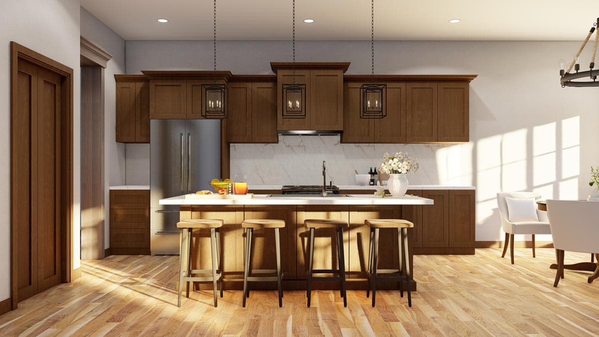 Interior rendering of a modern kitchen with a large island, dark wood cabinetry, stainless steel appliances, and pendant lighting.