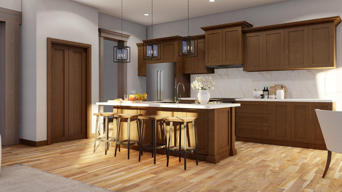 Kitchen rendering with dark wood cabinets, large island with seating, stainless steel refrigerator, and marble backsplash.