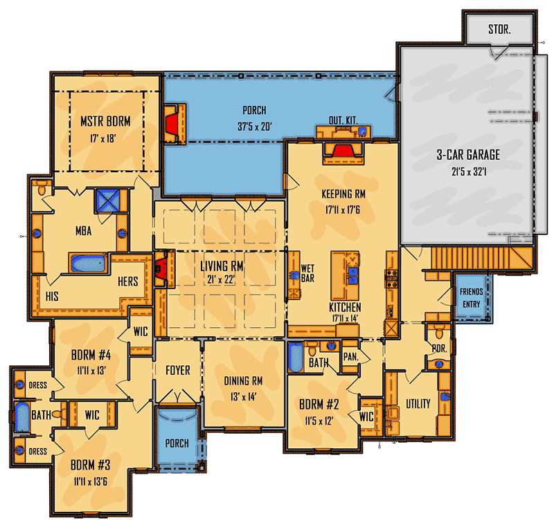 Plan 510041WDY: Stately 4-Bedroom French Country House Plan with Keeping Room and Bonus Space - Floor Plan - Main Level - Acadian, European, French Country, Louisiana-Style, Southern