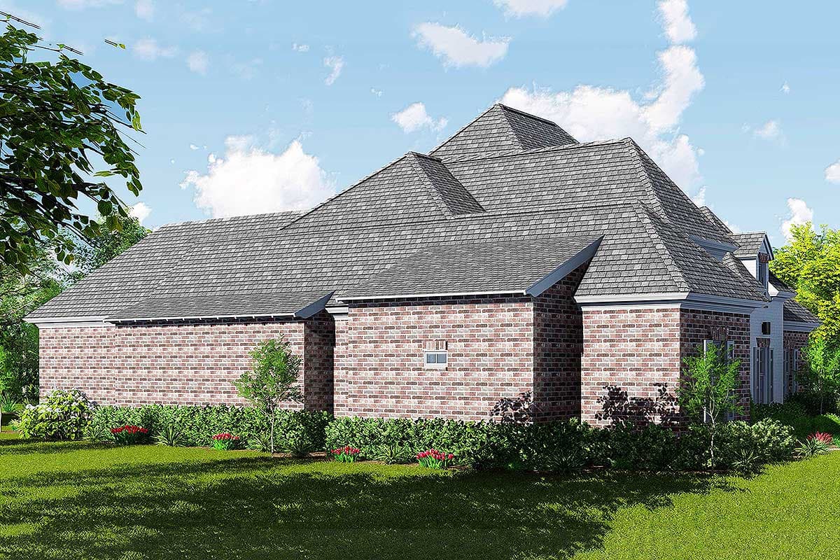 House plan exterior rendering of a brick house with multiple gables and a complex roofline.