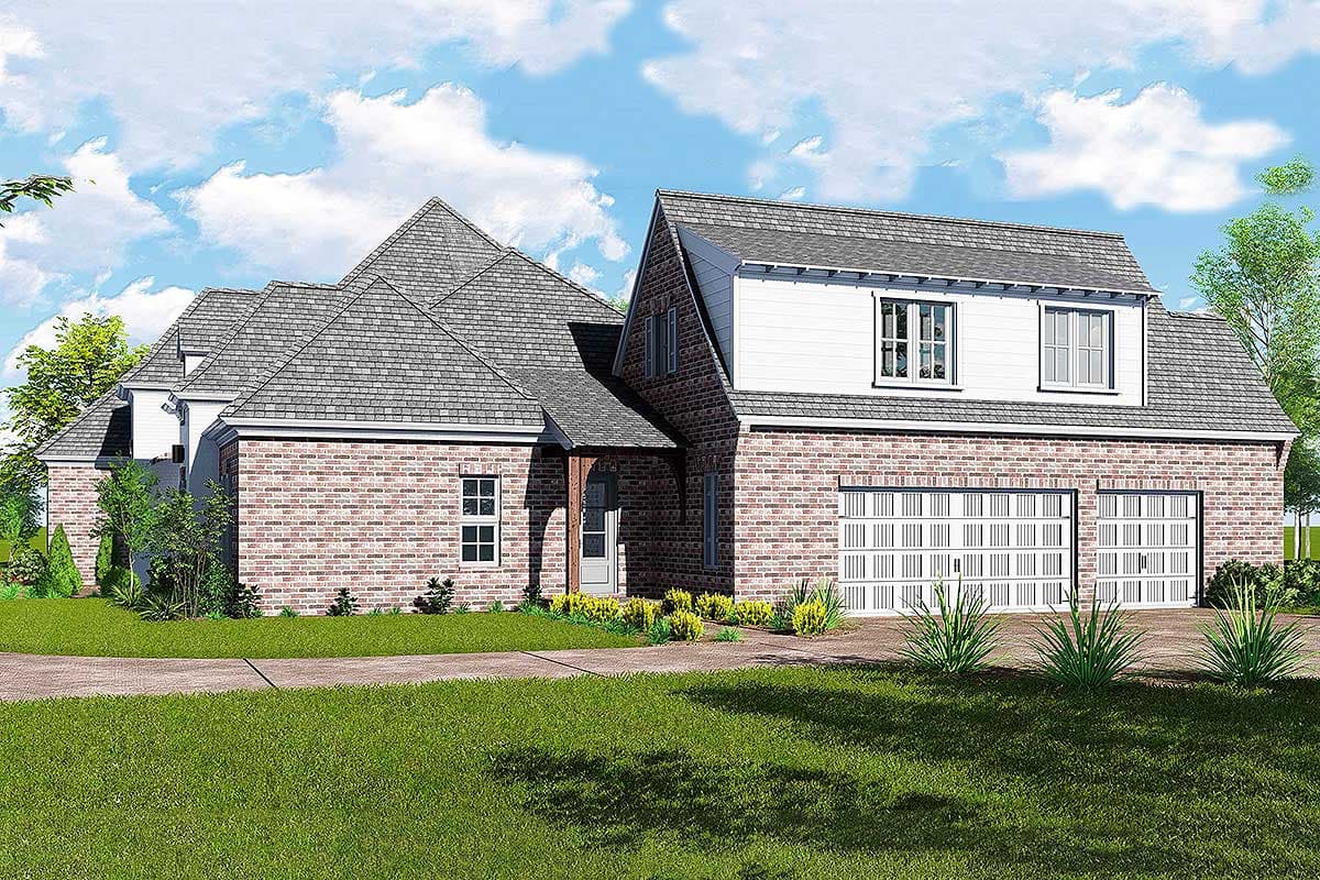 House plan exterior: Two-story brick home with a complex roofline, front porch, and a three-car garage.