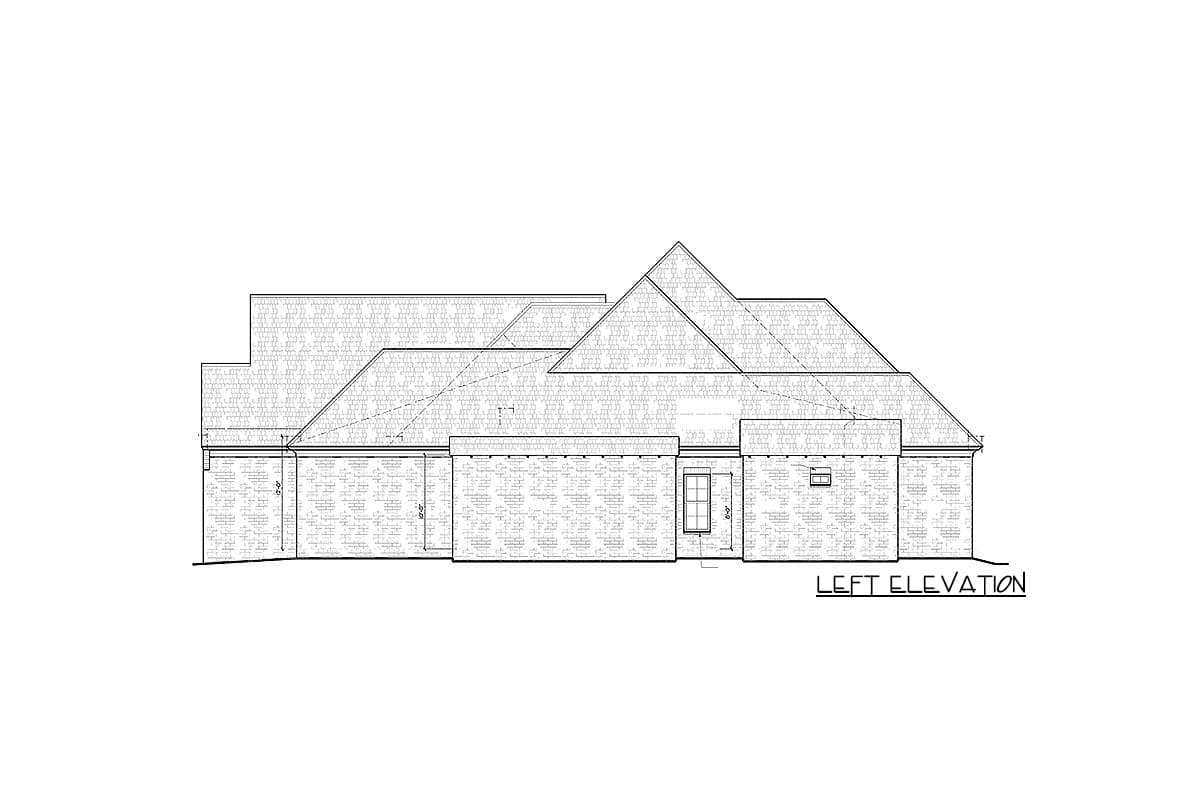 Left elevation drawing of a house plan, showing brick exterior walls, varied rooflines, and window and door placements.