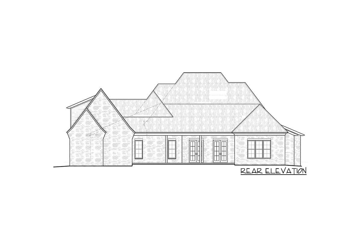 Rear elevation drawing of a house plan with multiple gables, brick texture, and several windows and double doors.